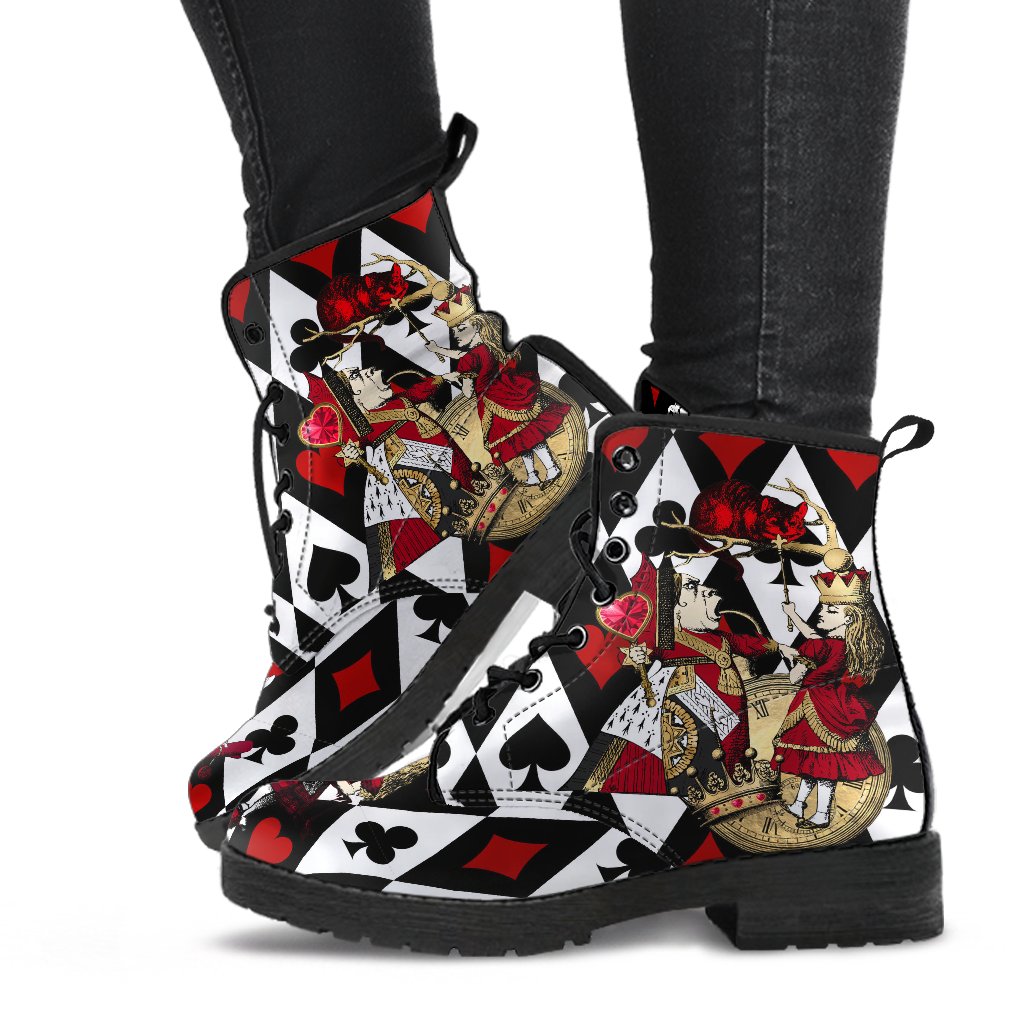 image shows alice in wonderland queen of hearts, lace up combat boots with black laces and black soles.  The custom print is of a vivid black red and white playing cards background with the queen of hearts and queen alice as the feature on each side of the boots.  colours are red, black, white and gold.