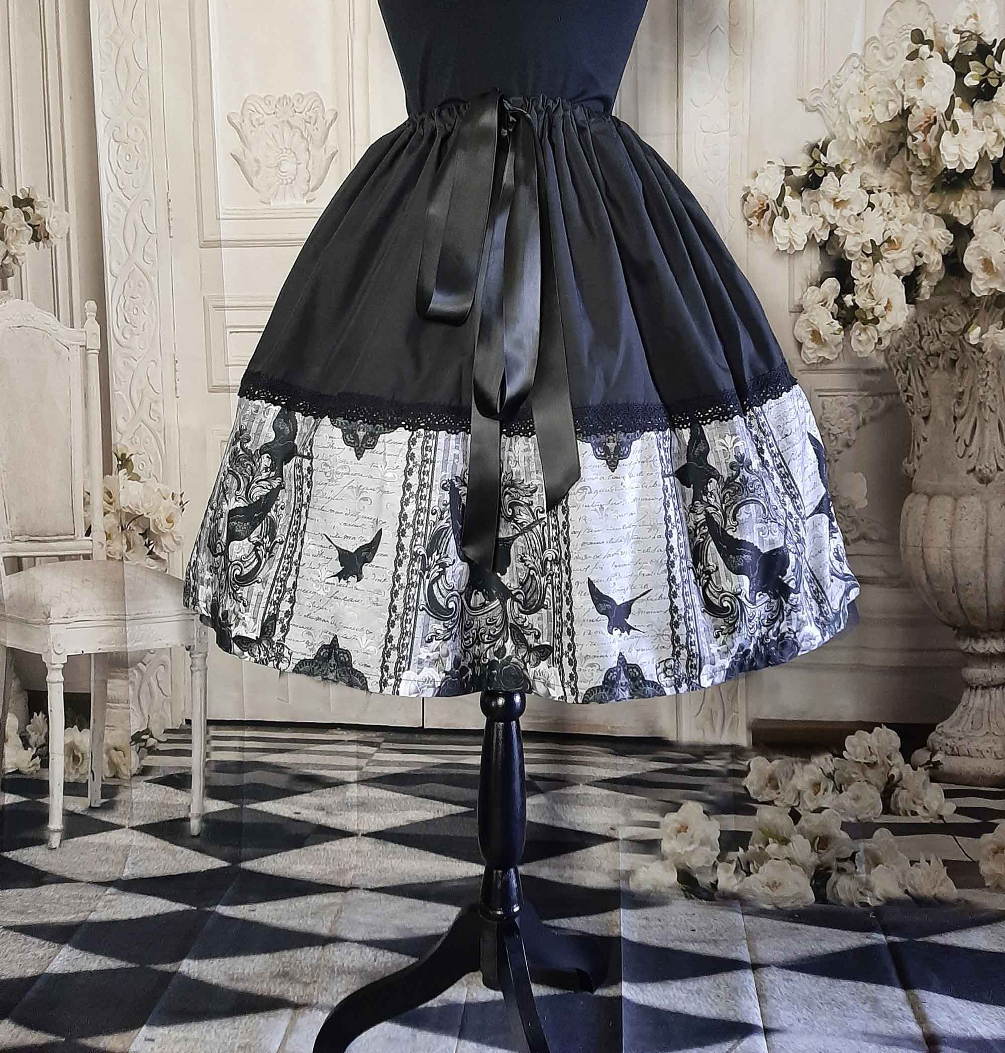 Gothic Raven Full knee length skirt in black and grey. Adjustable waist up to 50 inches, suitable for plus sizes. Party Skirt, Full 50's style skirt