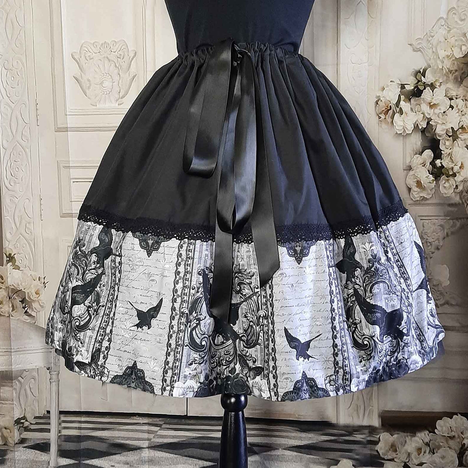Gothic Raven Full knee length skirt in black and grey. Adjustable waist up to 50 inches, suitable for plus sizes. Party Skirt, Full 50's style skirt