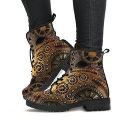 image shows steampunk lace up combat boots just above ankle length. The boots feature a steampunk clockwork gears print in browns and gold tones. The boots have black soles and black lacing.