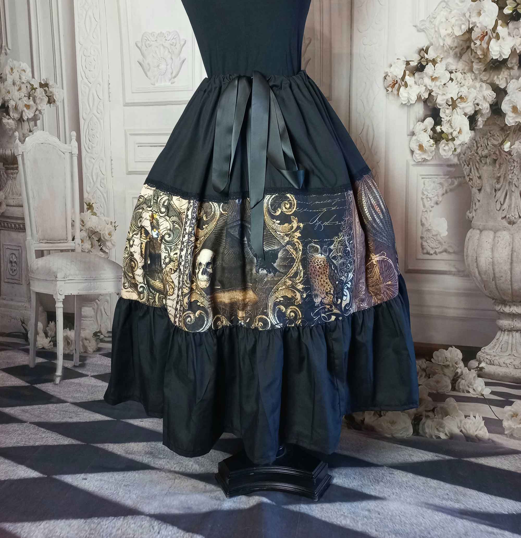 Full mid calf Steampunk gothic skirt.  Black and gold long skirt with adjustable waist up to 50 inches, suitable for plus sizes.