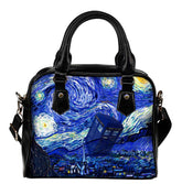 doctor who shoulder purse with Van gogh's starry night in the background and the tardis coming into land. The shoulder purse has black handles and an adjustable black shoulder strap. The approximate size is 9 inches wide and 8 inches high