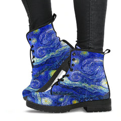 image shows vegan leather lace up combat boots custom printed with van gogh's starry night painting. The boots are just above ankle length and have black soles and black laces
