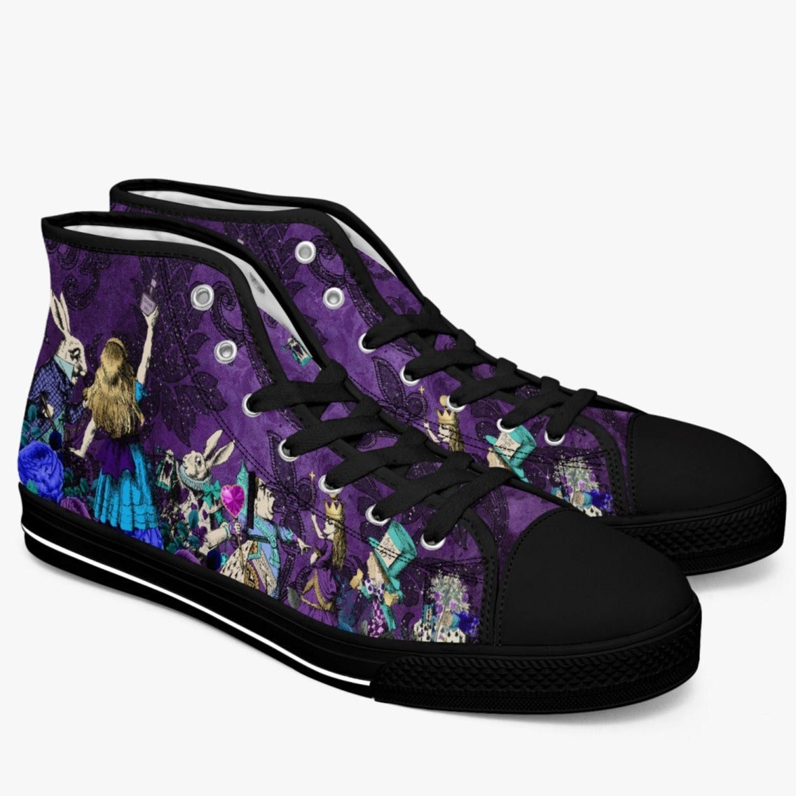 Alice in Wonderland Gothic Alice high top womens sneakers  - The White Rabbit and Alice sneakers - Vivid Purple and Turquoise (JPSNDA2)