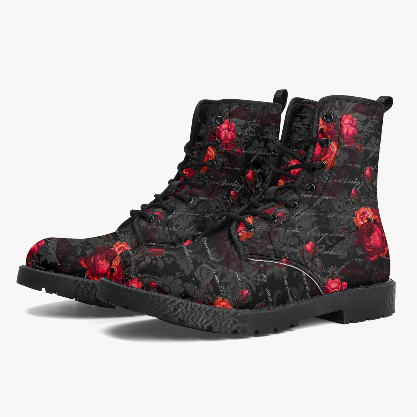 Red Roses and Writing Gothic Combat Boots -  Goth Rose Festival Boots (JPREG44)