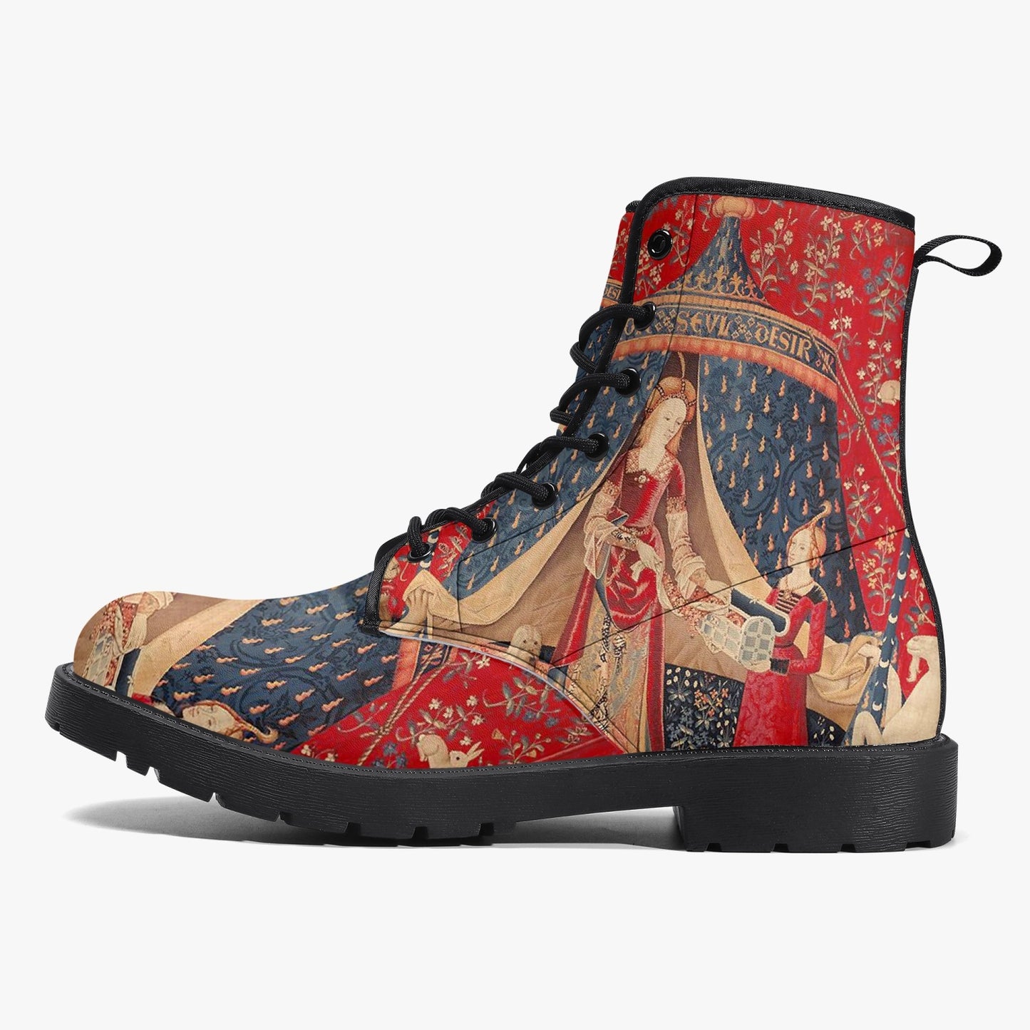 The Lady and the Unicorn Vegan leather Combat Boots - Mon Seul Desir Tapestry Boots for Art Lover (JPREG75)
