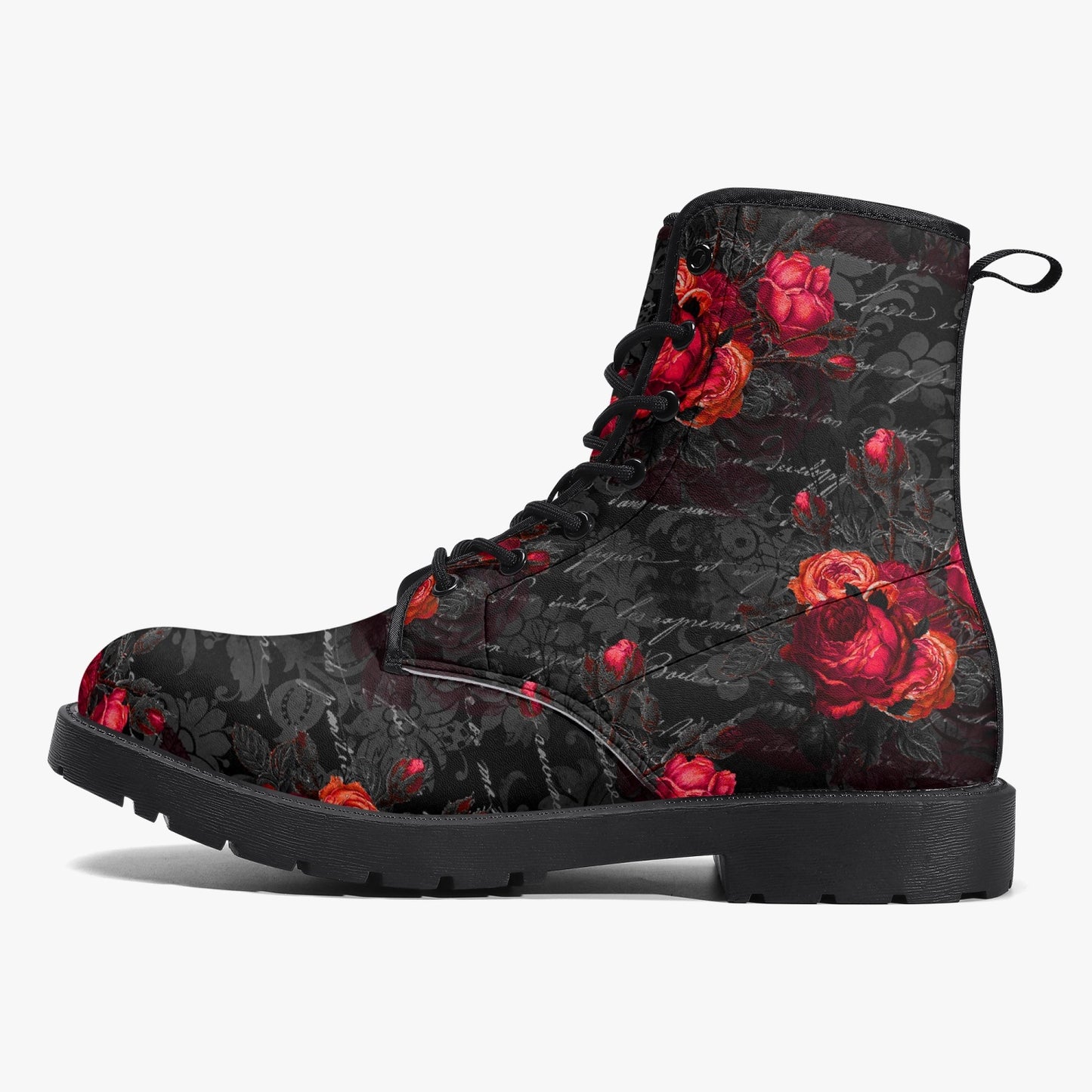 Red Roses and Writing Gothic Combat Boots -  Goth Rose Festival Boots (JPREG44)