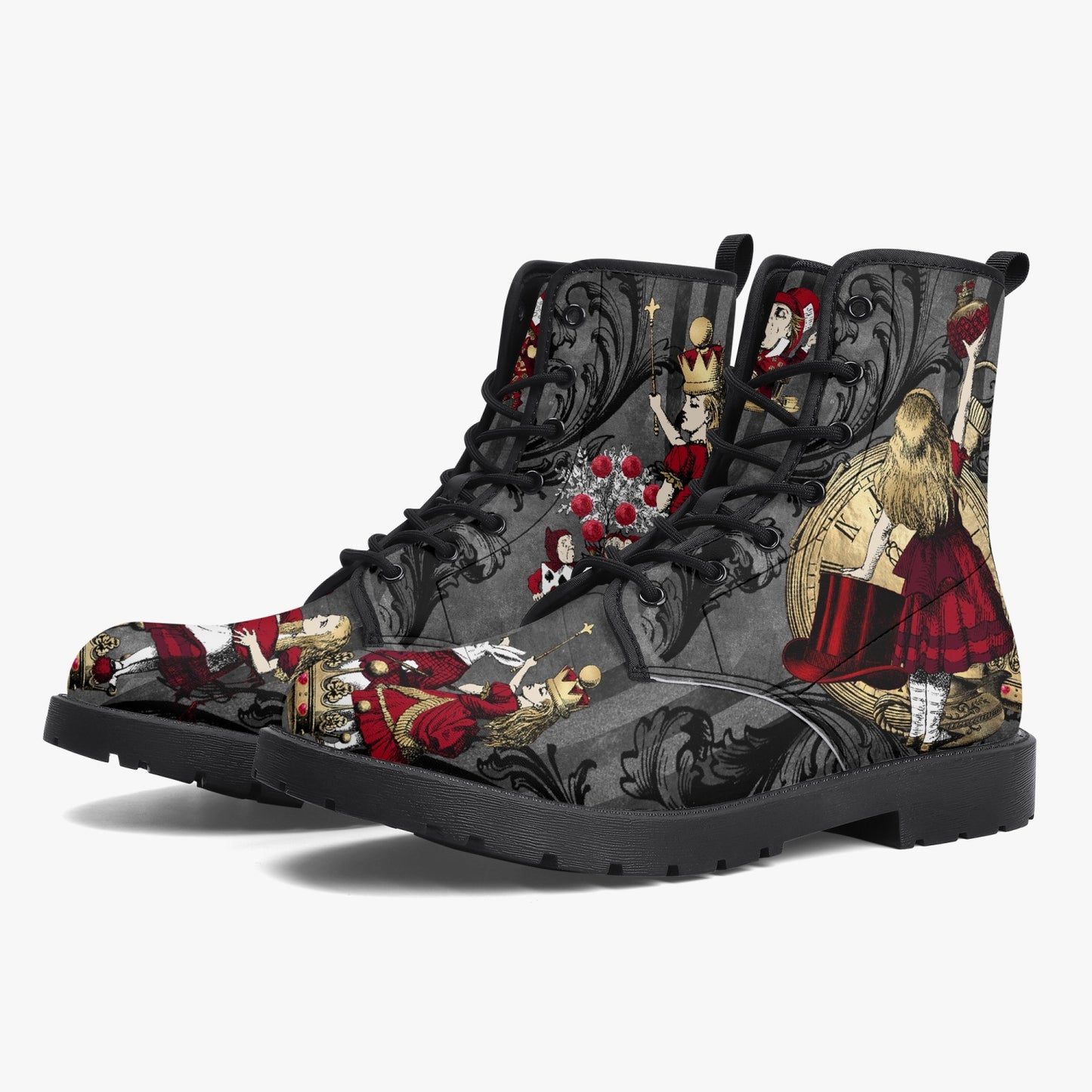 Alice in Wonderland Gothic Red and Gold Black Vegan Leather Combat Boots - Through the Looking Glass Gothic Boots (JPREG83)