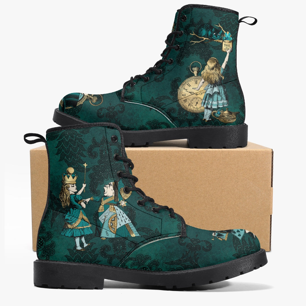 Alice In Wonderland Dark Green and Gold Vegan Leather Combat Boots (JPDGA1)