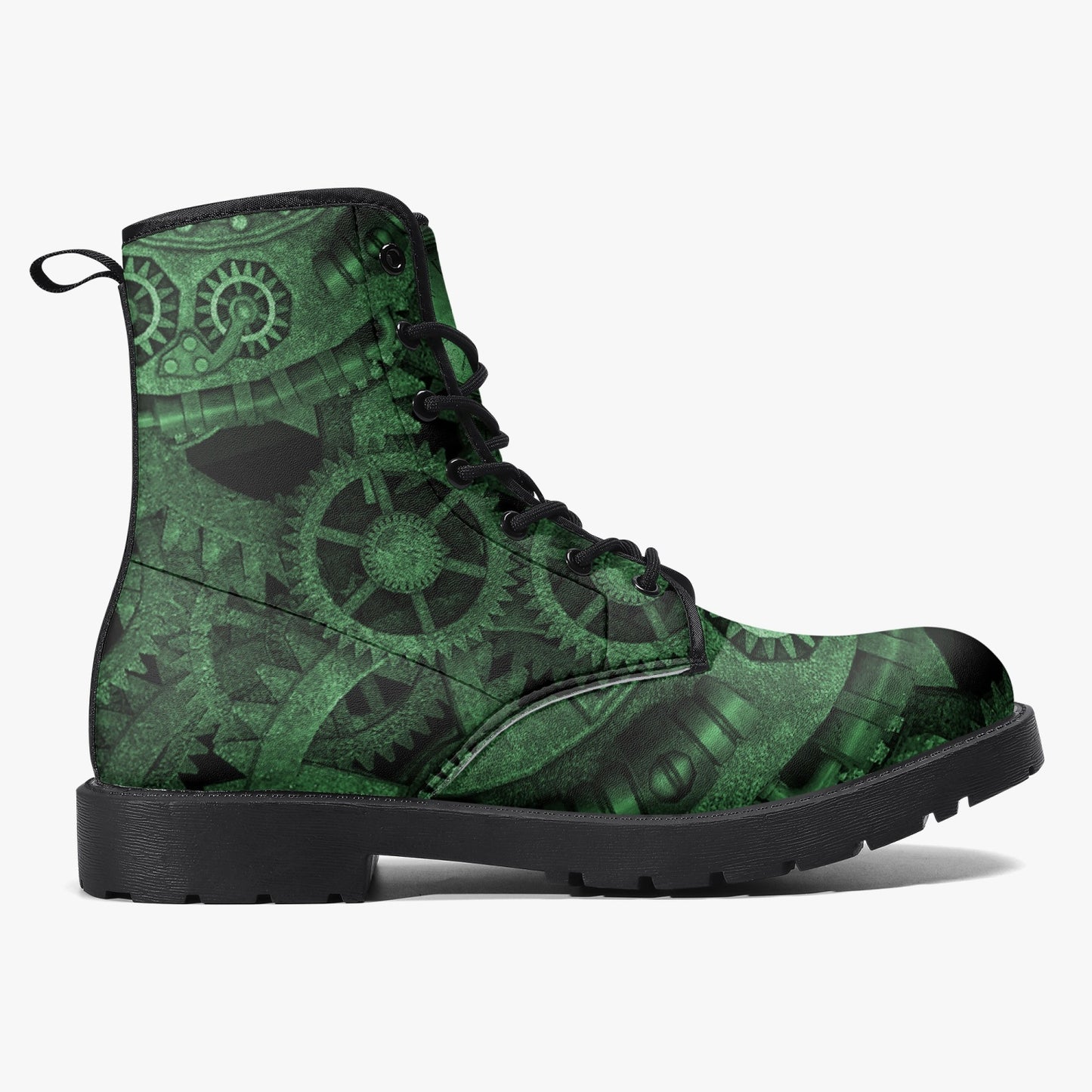 Steampunk Clockwork Gears Green Vegan leather Combat Boots - Vegan Leather Gothic Steampunk Boots - Dark Green Steampunk Boots (JPREG86)