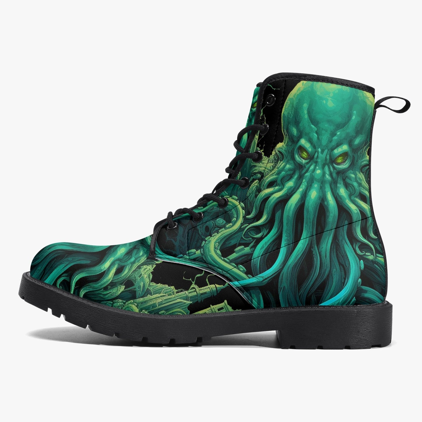 Cthulhu Victorian Horror Combat Boots - HP Lovecraft Sea Monster Green Boots (JPREGHP)