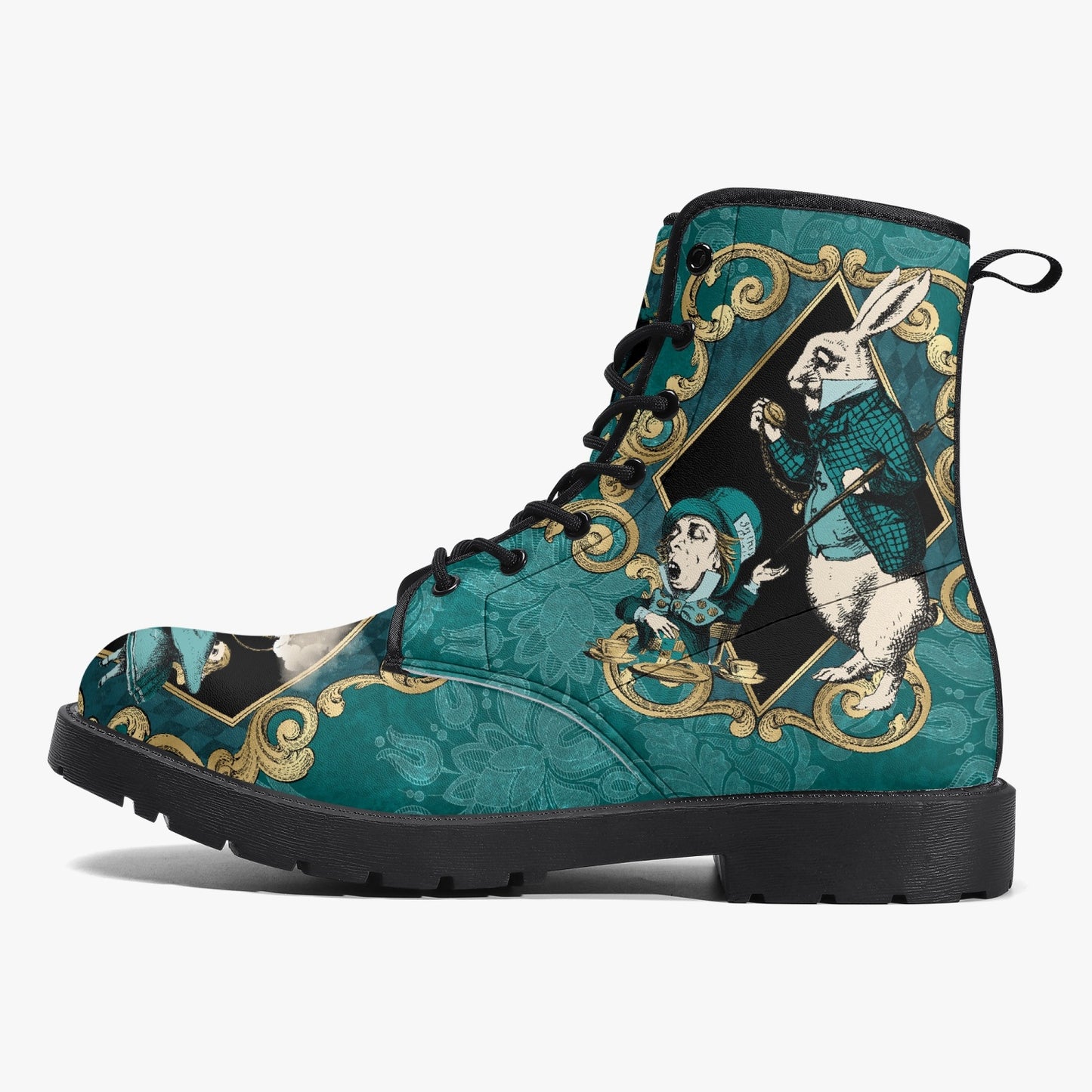 Alice In Wonderland Green and Gold Vegan Leather Combat Boots (JPREGAG1)