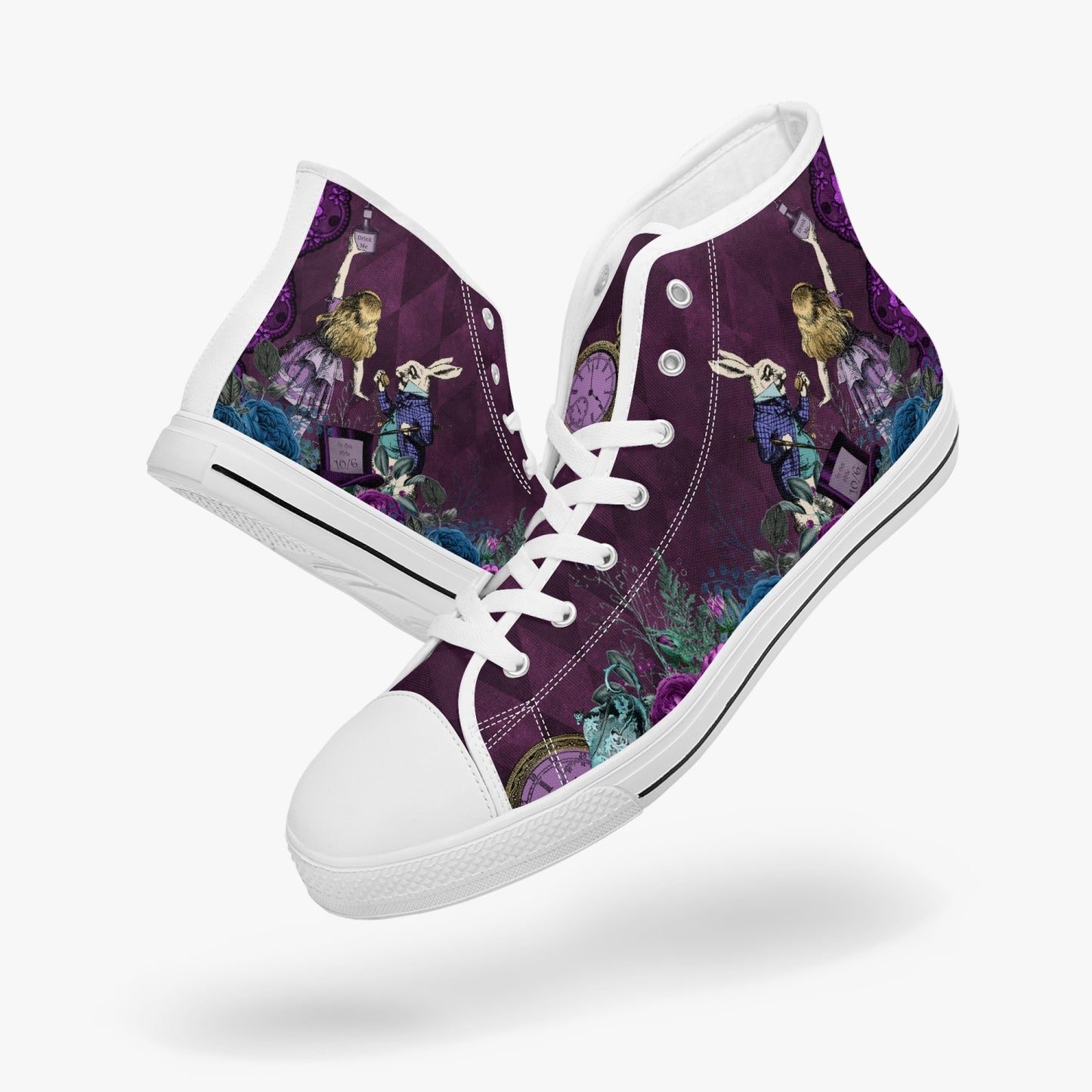 Alice in Wonderland Gothic high top womens sneakers  - The White Rabbit and Alice Pastel Goth sneakers (JPREG52)
