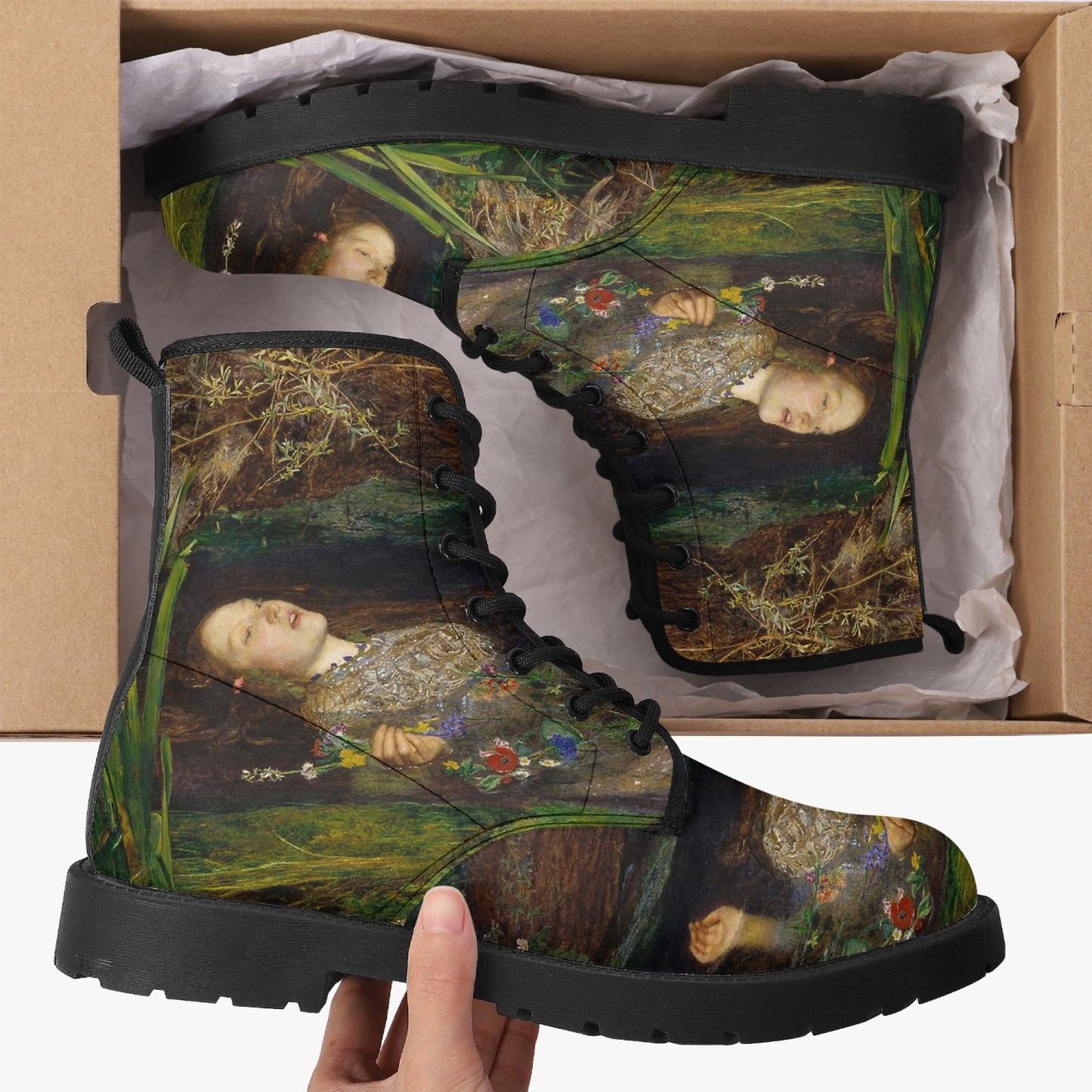 John Everett Millais - Ophelia -  Vegan Leather Combat Boots - Pre Rapaelite Art boots (JPREG90)
