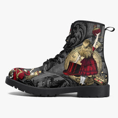 Alice in Wonderland Gothic Red and Gold Black Lace Up Combat Boots - Through the Looking Glass Gothic Boots (JPREG83)