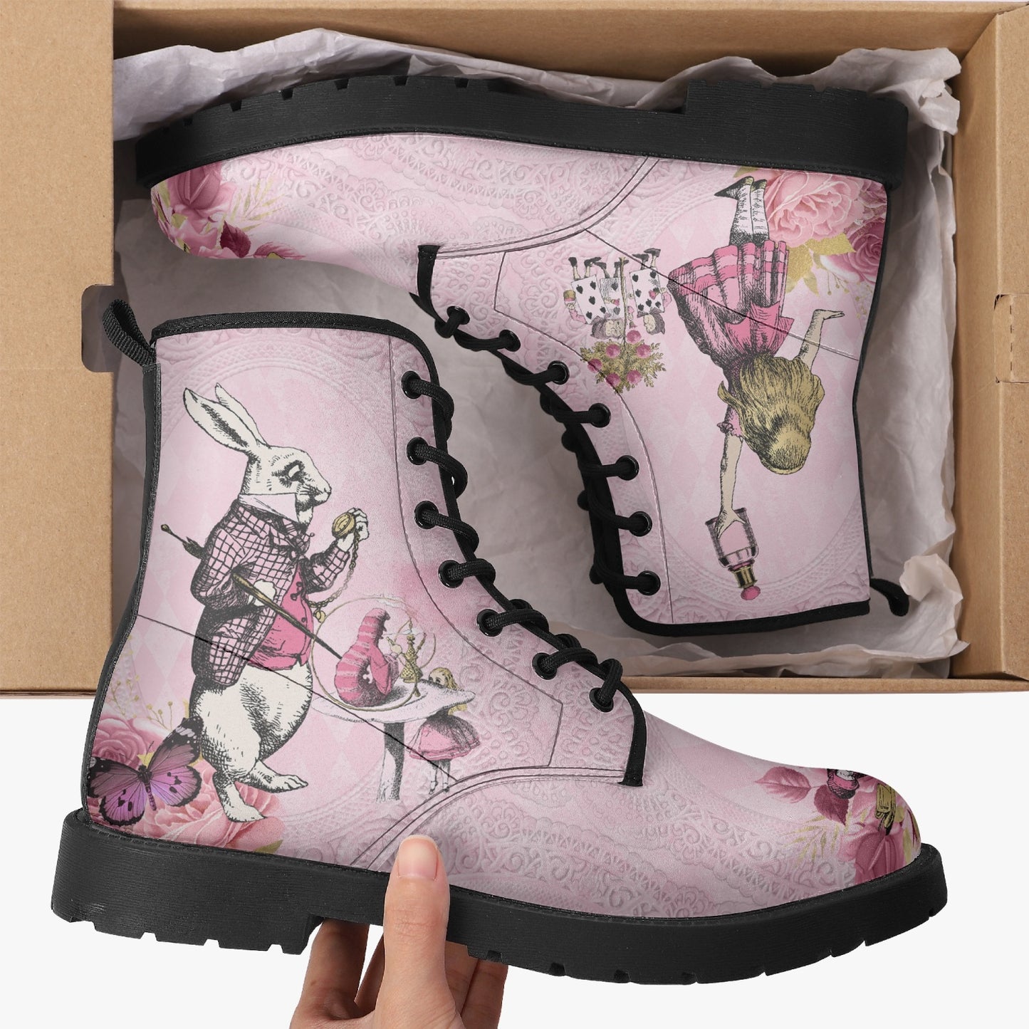 Alice in Wonderland Pink Vegan leather Combat Boots - Alice White Rabbit Festival Boots (JPREG103)