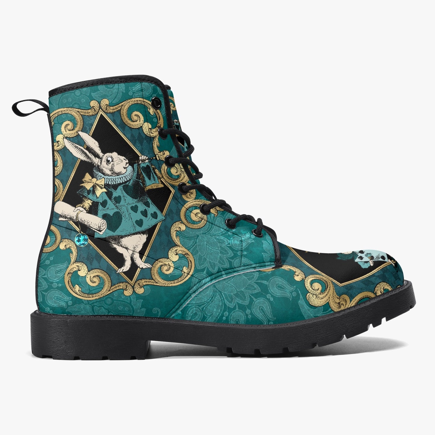 Alice In Wonderland Green and Gold Vegan Leather Combat Boots (JPREGAG1)
