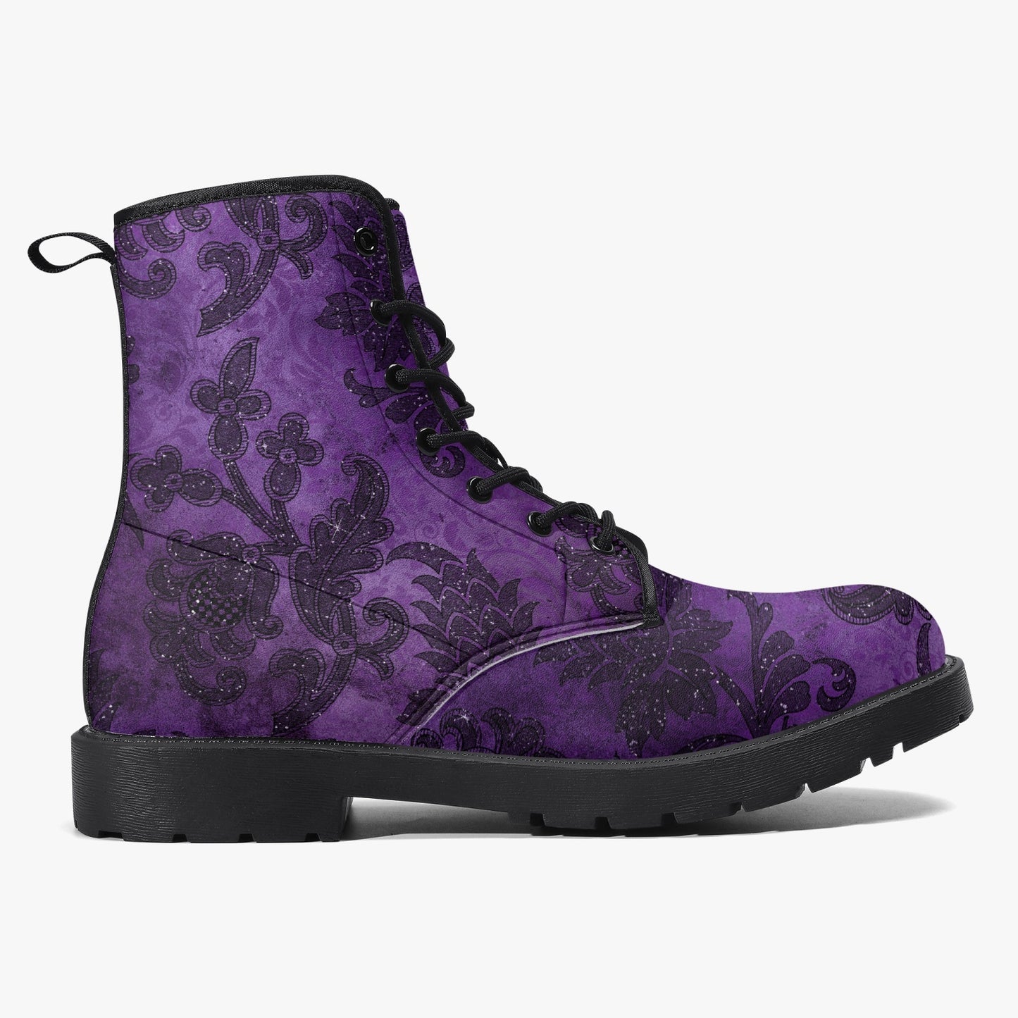 Purple Gothic Damask Pattern Combat Boots - Vegan Leather Purple boots (JPREG40)