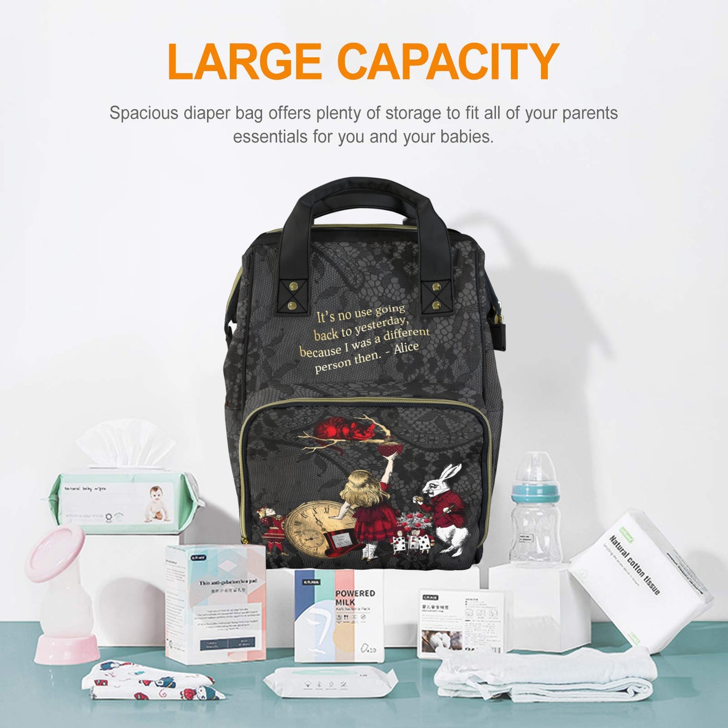 Alice in Wonderland Diaper bag - Black Red and Gold Nappy Bag