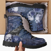 Load image into Gallery viewer, Gothic Skull and Raven Blue Vegan Leather Combat Boots  - Steampunk Blue Goth Boots (JPREG79a)
