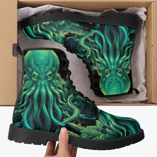 Cthulhu Victorian Horror Combat Boots - HP Lovecraft Sea Monster Green Boots (JPREGHP)