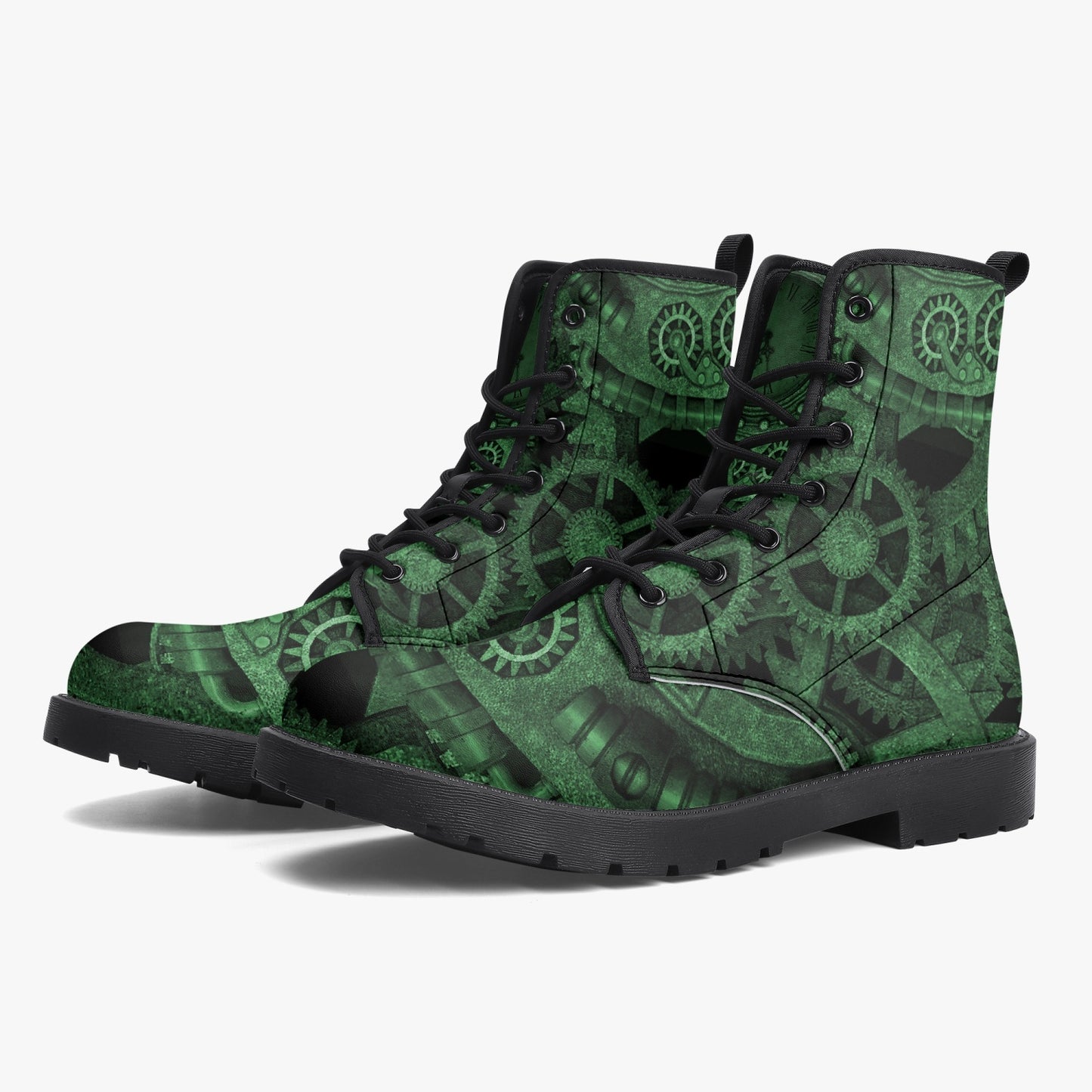 Steampunk Clockwork Gears Green Vegan leather Combat Boots - Vegan Leather Gothic Steampunk Boots - Dark Green Steampunk Boots (JPREG86)