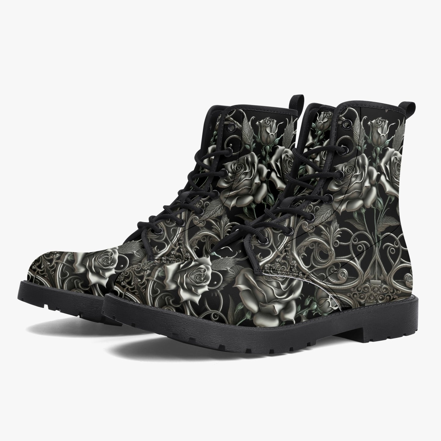 Black and Silver Filligree Roses Gothic Boots - (JPREGAISF)