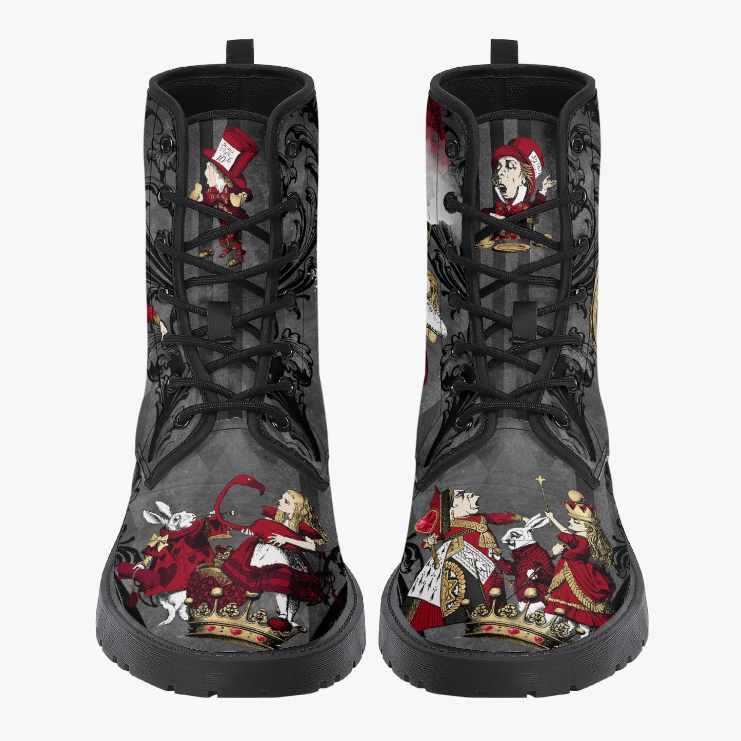 Alice in Wonderland Gothic Red and Gold Black Vegan Leather Combat Boots - Through the Looking Glass Gothic Boots (JPREG83)