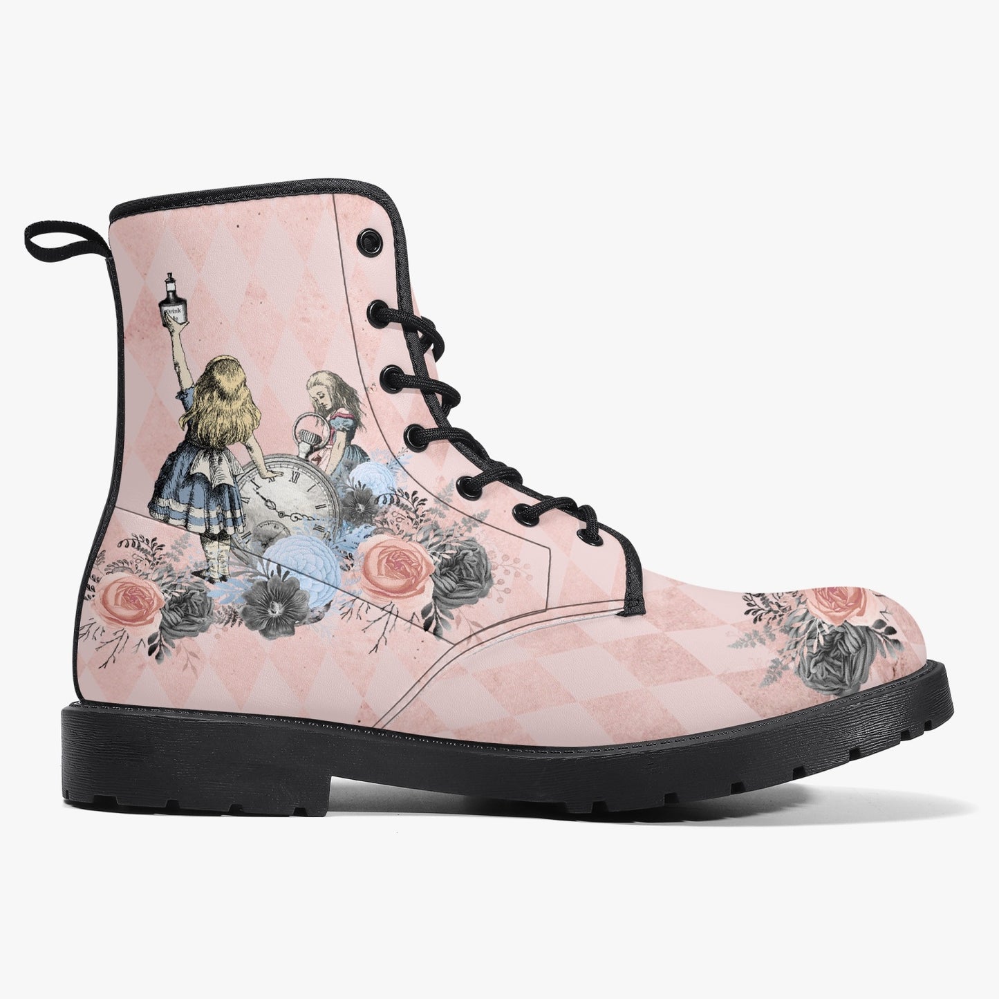 Alice in Wonderland Pink Combat Boots - Alice "Drink Me" Pastel Goth Festival Boots (JPREG5)