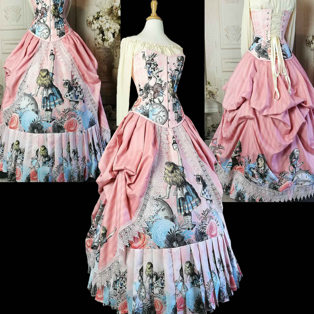 Alice in Wonderland Custom Pink Victorian Corset Gown - Custom fitted Alice in Wonderland Wedding or Prom Dress