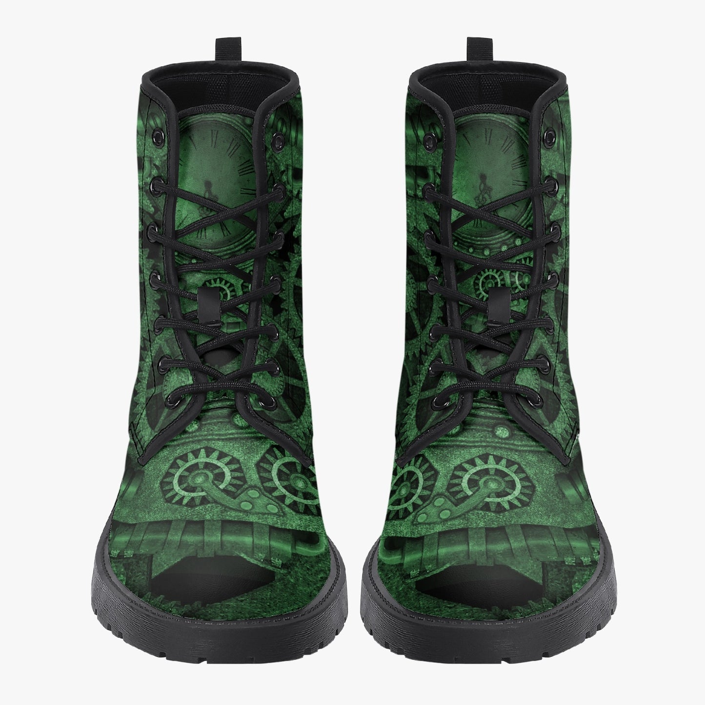 Steampunk Clockwork Gears Green Vegan leather Combat Boots - Vegan Leather Gothic Steampunk Boots - Dark Green Steampunk Boots (JPREG86)