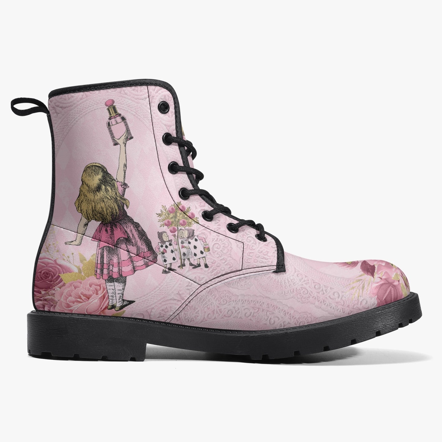 Alice in Wonderland Pink Vegan leather Combat Boots - Alice White Rabbit Festival Boots (JPREG103)