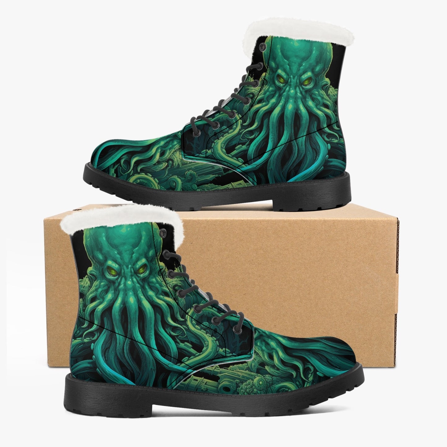 Cthulhu Victorian Horror Combat Boots - HP Lovecraft Sea Monster Green Boots (JPREGFHP)