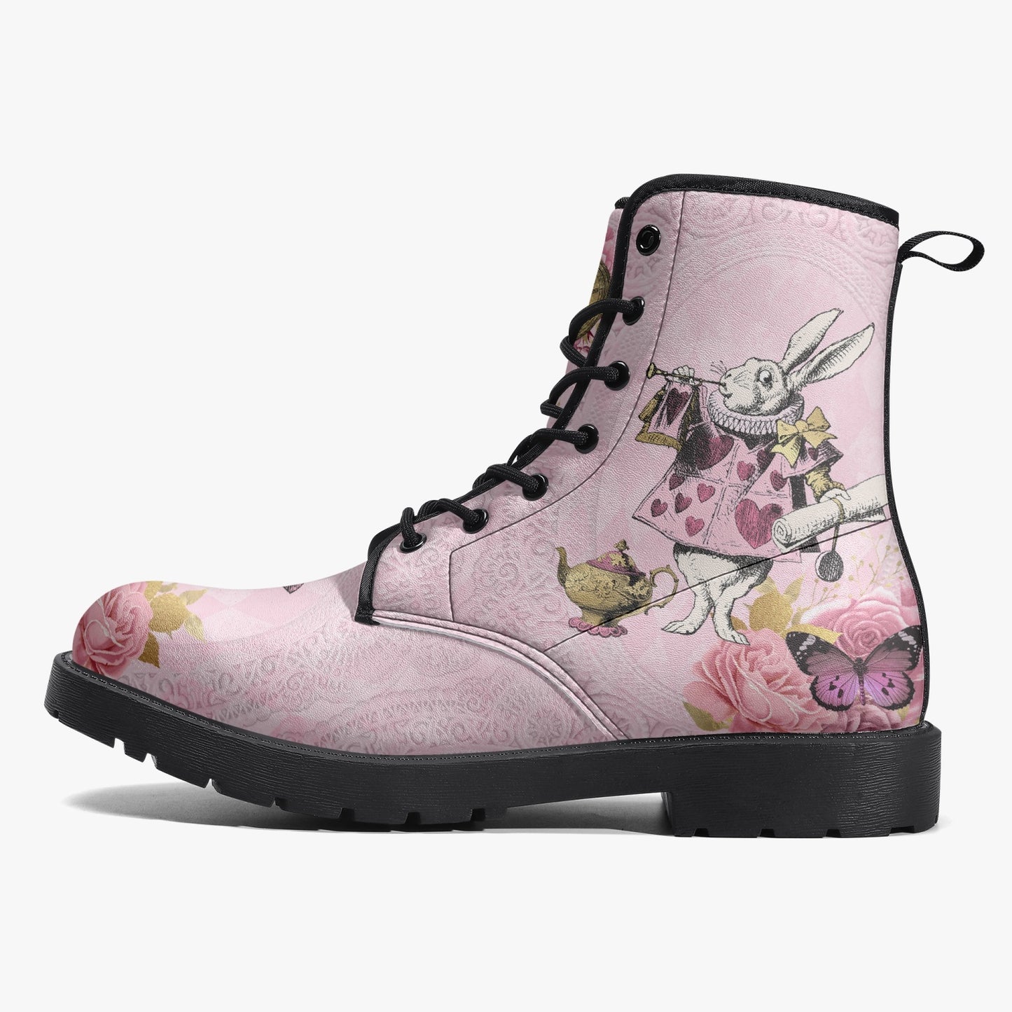 Alice in Wonderland Pink Vegan leather Combat Boots - Alice White Rabbit Festival Boots (JPREG103)