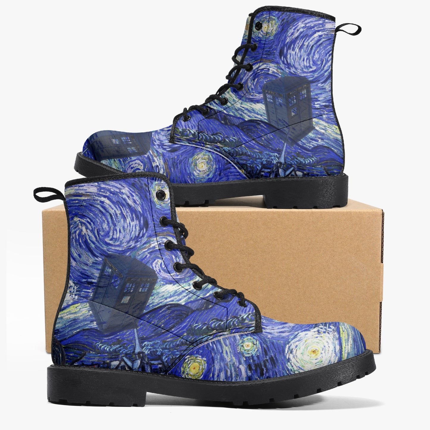 Van Gogh and the Doctor Vegan Leather Combat Boots - Starry Night Tardis Boots (JPREG34)
