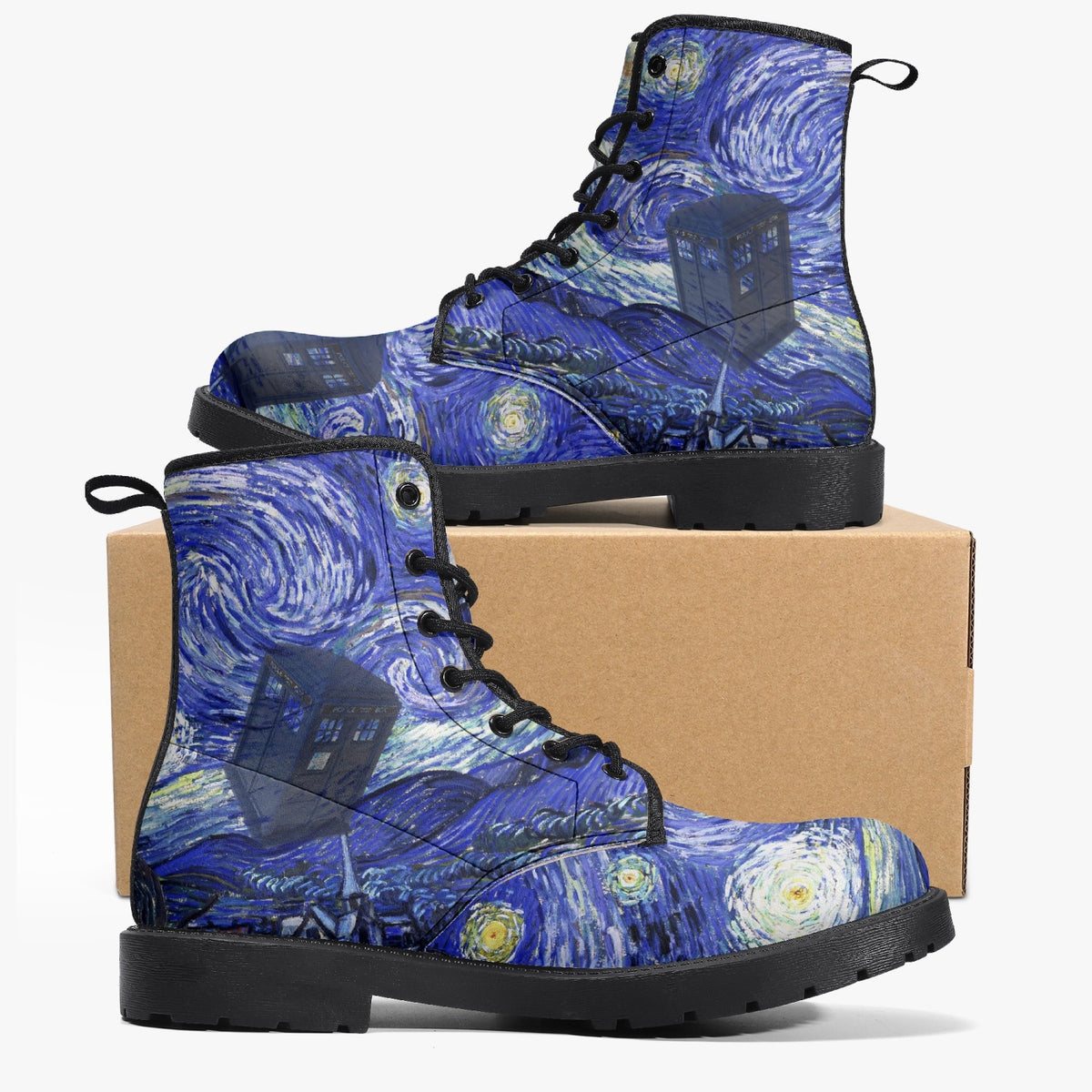 Van Gogh and the Doctor lace up Combat Boots - Starry Night Tardis Boots (JPREG34)