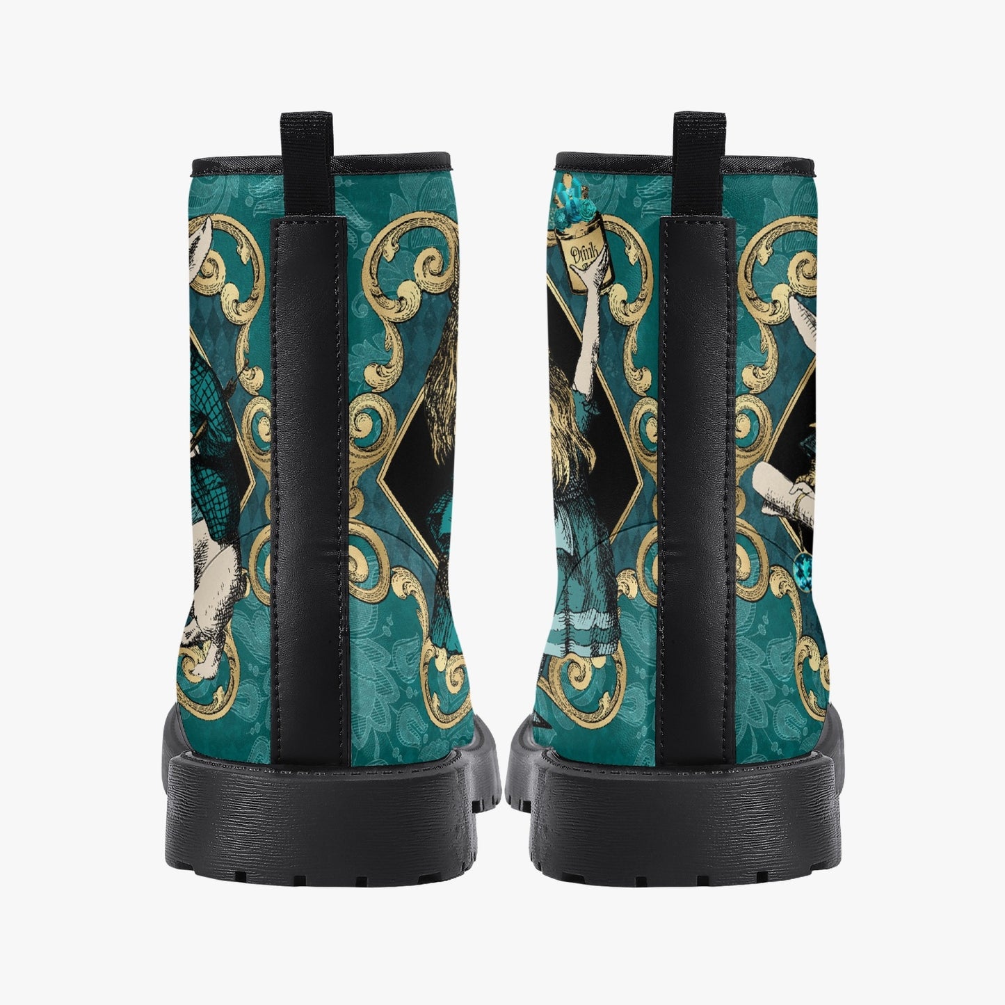 Alice In Wonderland Green and Gold Vegan Leather Combat Boots (JPREGAG1)