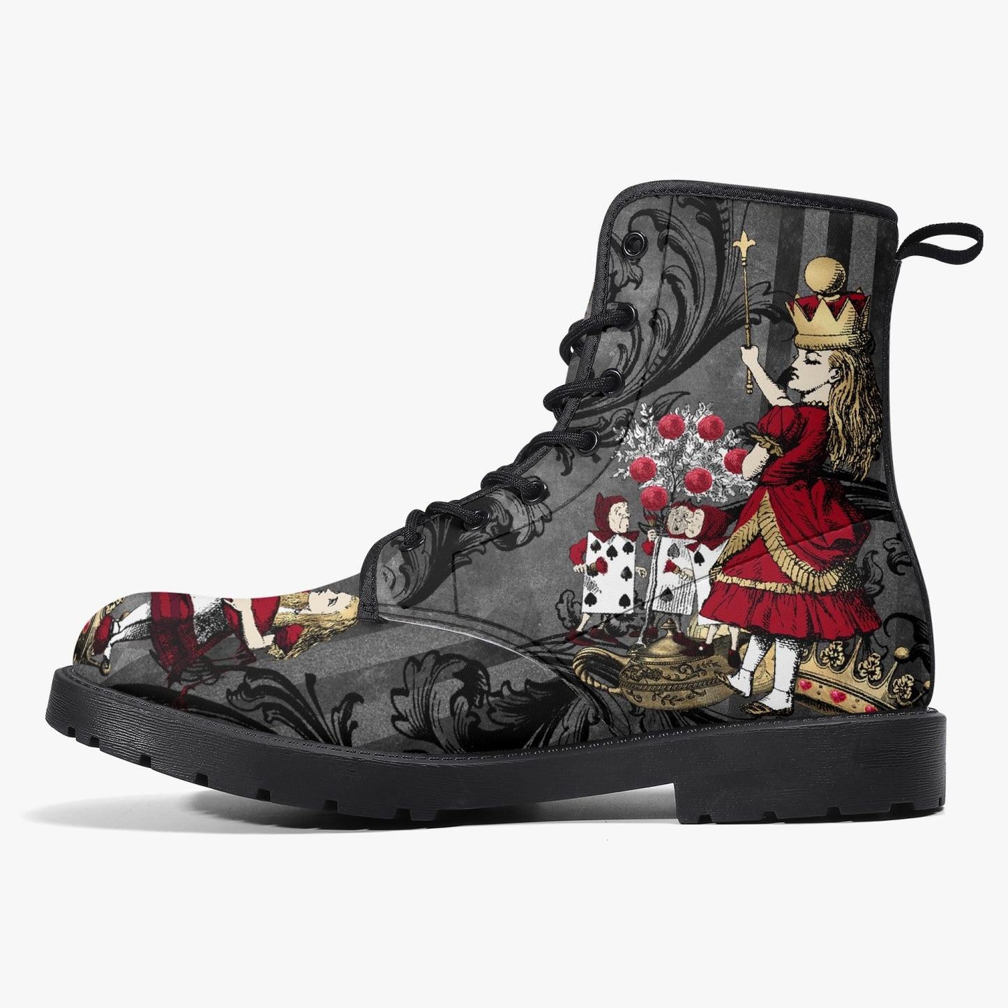 Alice in Wonderland Gothic Red and Gold Black Vegan Leather Combat Boots - Through the Looking Glass Gothic Boots (JPREG83)