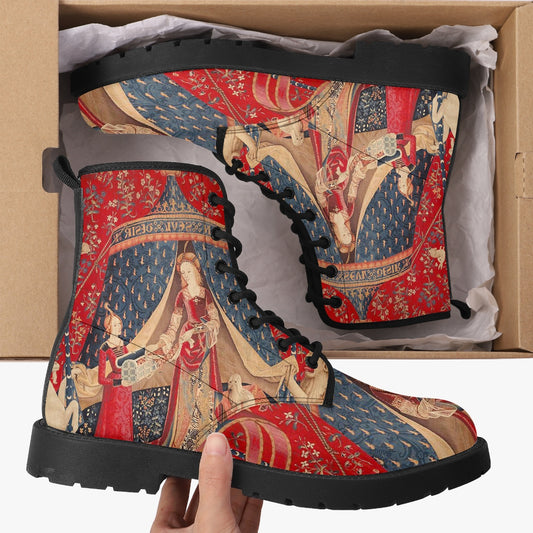 The Lady and the Unicorn Vegan leather Combat Boots - Mon Seul Desir Tapestry Boots for Art Lover (JPREG75)