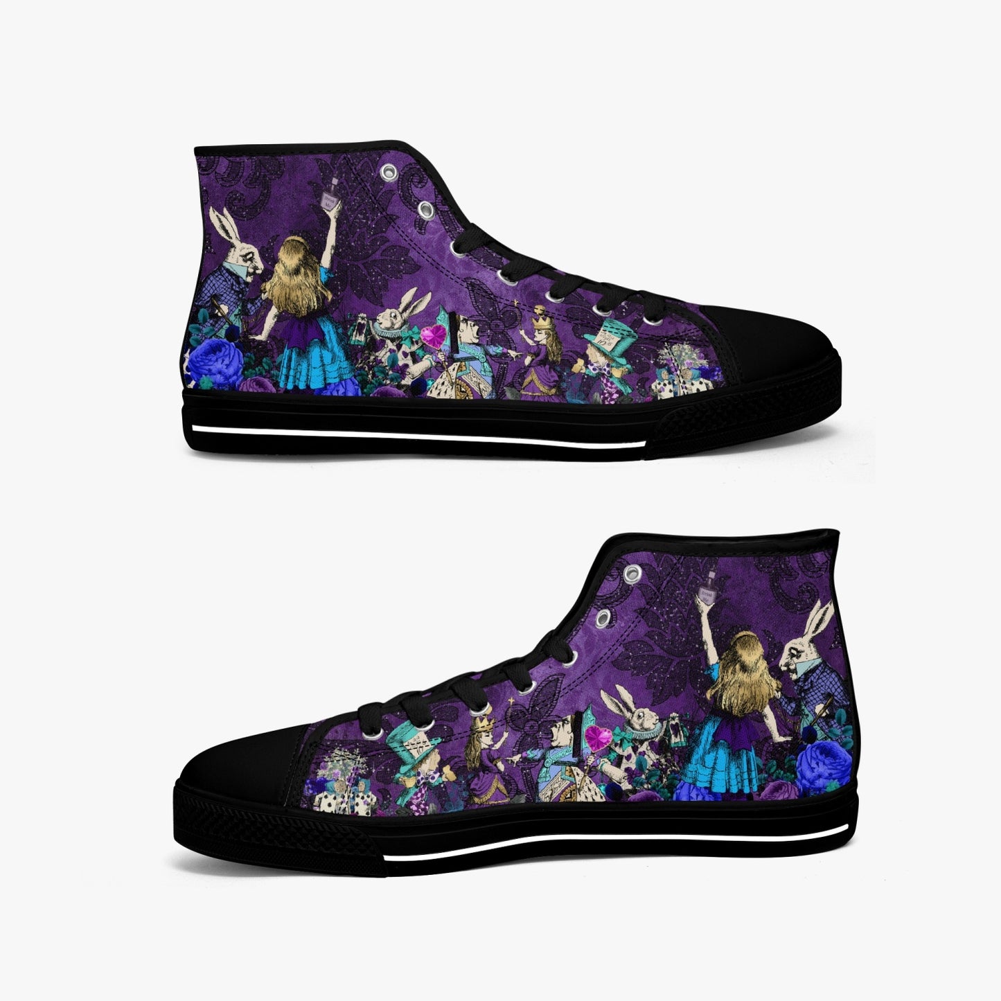 Alice in Wonderland Gothic Alice high top womens sneakers  - The White Rabbit and Alice sneakers - Vivid Purple and Turquoise (JPSNDA2)