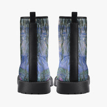 Load image into Gallery viewer, Monet Lilies Vegan Leather Combat Boots - Beautiful Blue Toned Monet Festival Art Boots (JPEL22)
