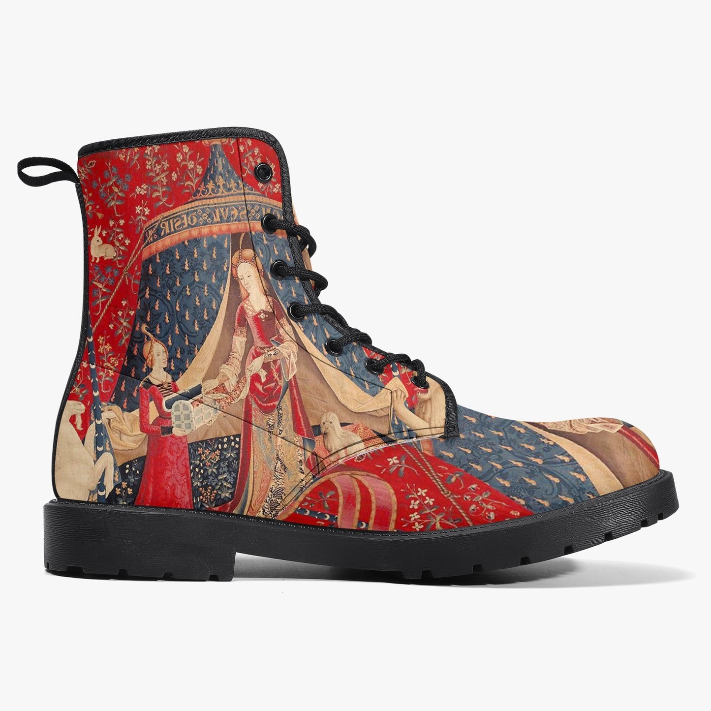 The Lady and the Unicorn Vegan leather Combat Boots - Mon Seul Desir Tapestry Boots for Art Lover (JPREG75)