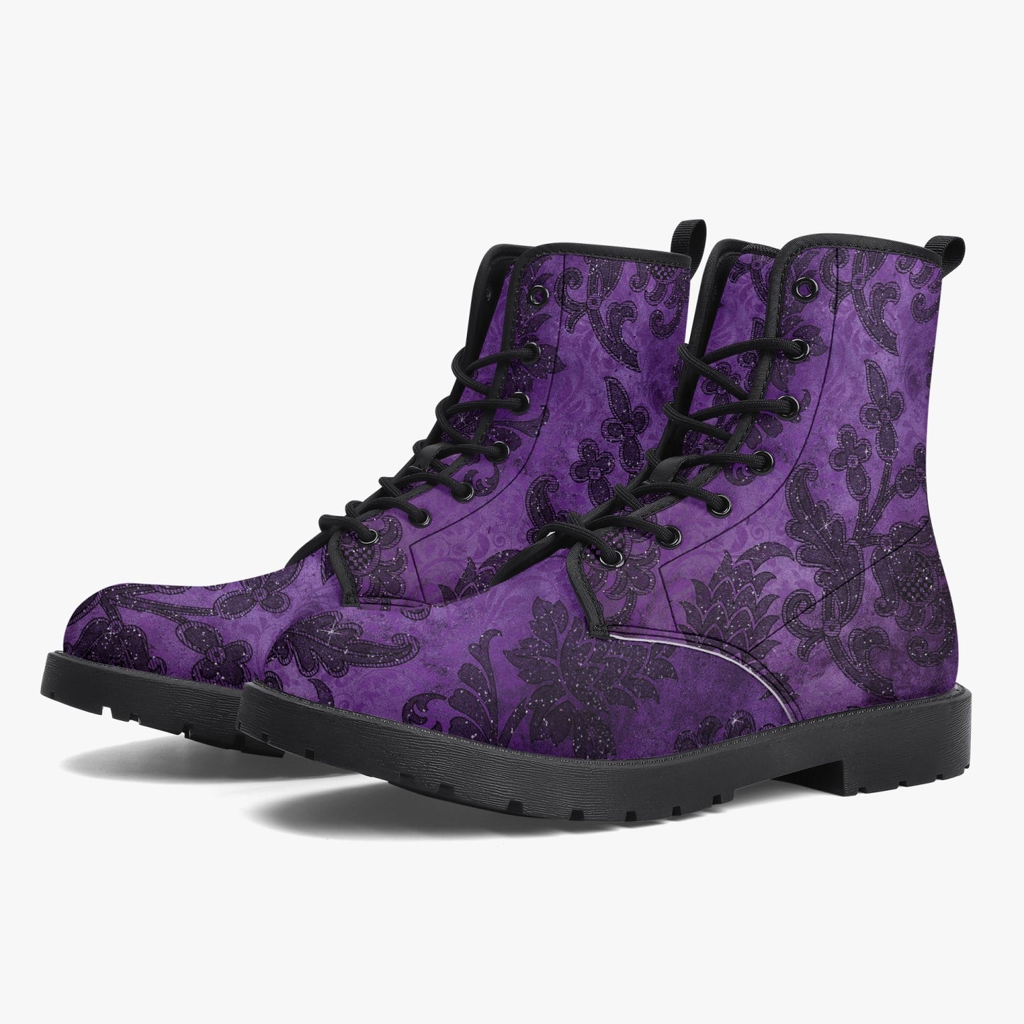 Purple Gothic Damask Pattern Combat Boots - Vegan Leather Purple boots (JPREG40)