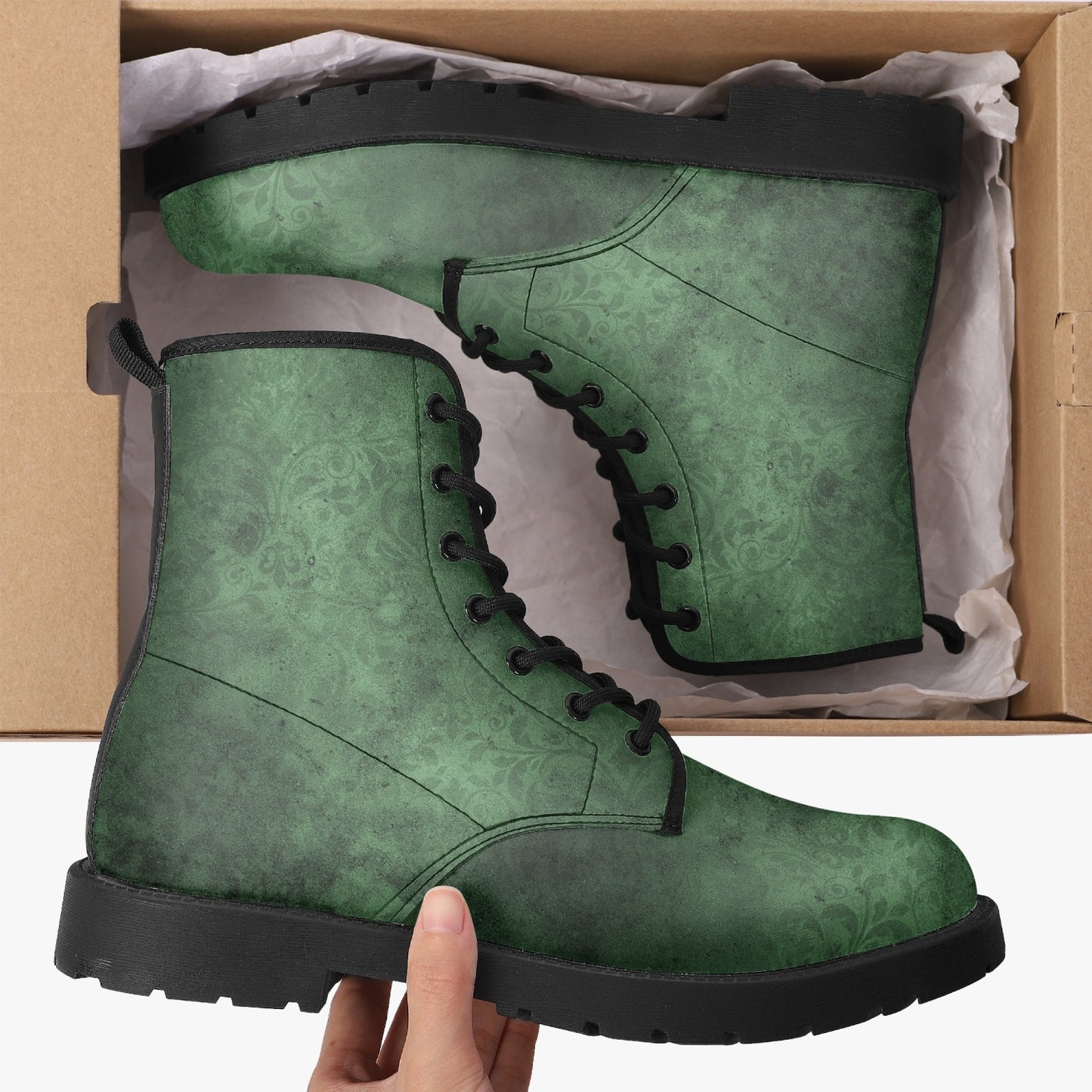 Green Gothic Grunge Vegan leather Combat Boots - Vegan Leather Green Boots (JPREG67)