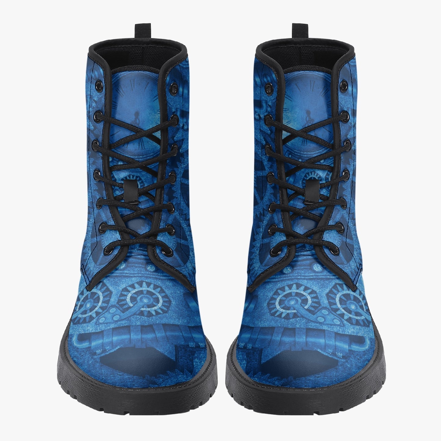 Steampunk Clockwork Gears Bright Blue Combat Boots - Electric Blue Steampunk Boots  (JPREGDAVEB)