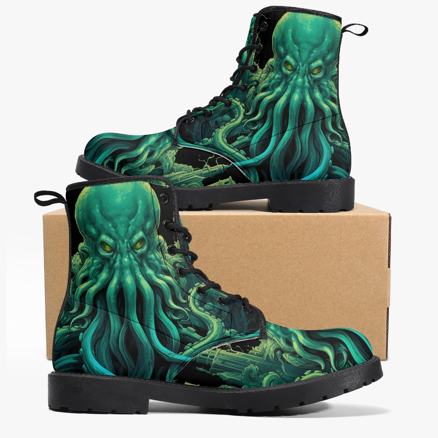 Cthulhu Victorian Horror Combat Boots - HP Lovecraft Sea Monster Green Boots (JPREGHP)