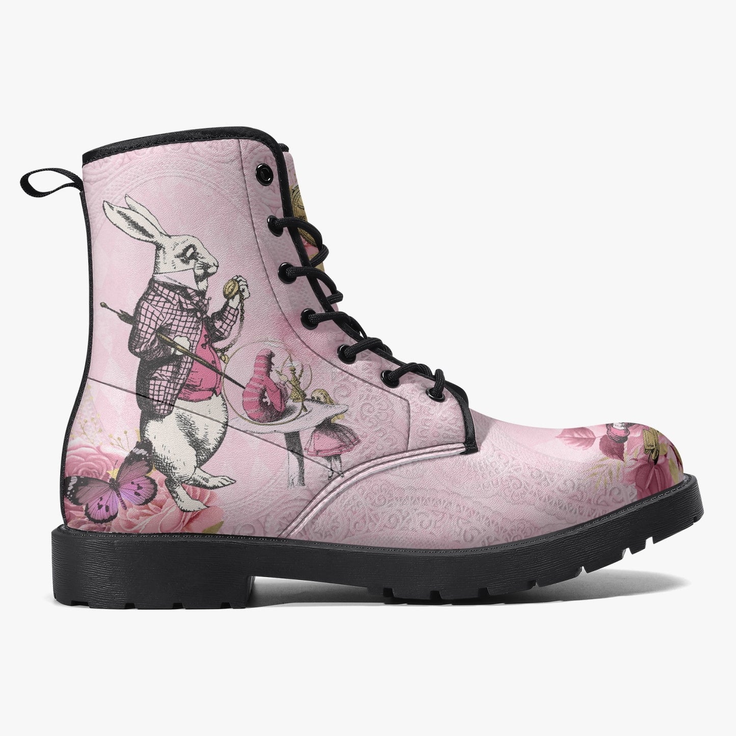 Alice in Wonderland Pink Vegan leather Combat Boots - Alice White Rabbit Festival Boots (JPREG103)