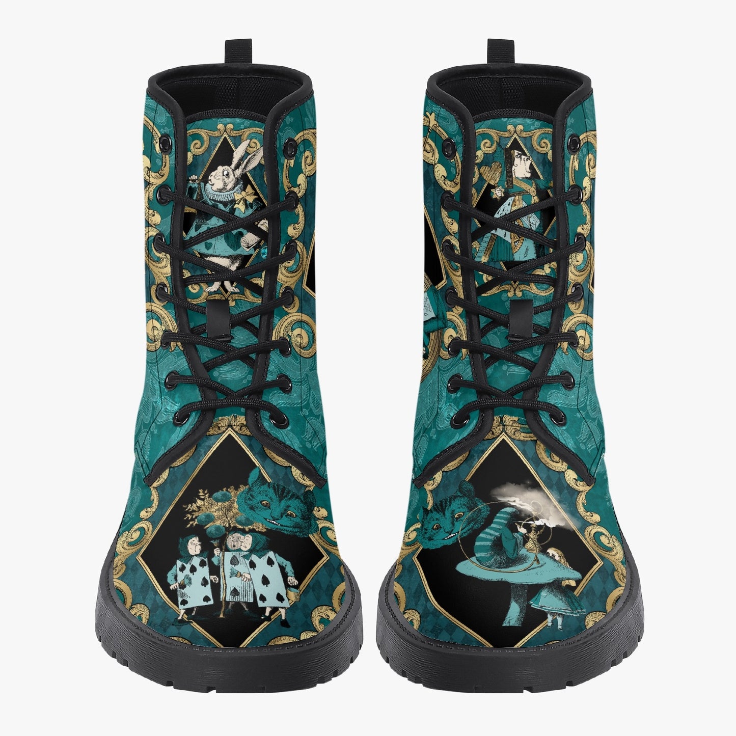 Alice In Wonderland Green and Gold Vegan Leather Combat Boots (JPREGAG1)