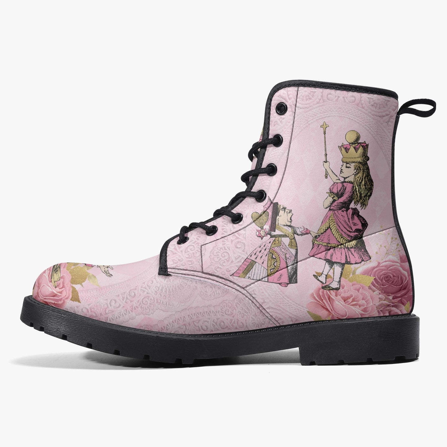 Alice in Wonderland Pink Vegan leather Combat Boots - Alice White Rabbit Festival Boots (JPREG103)