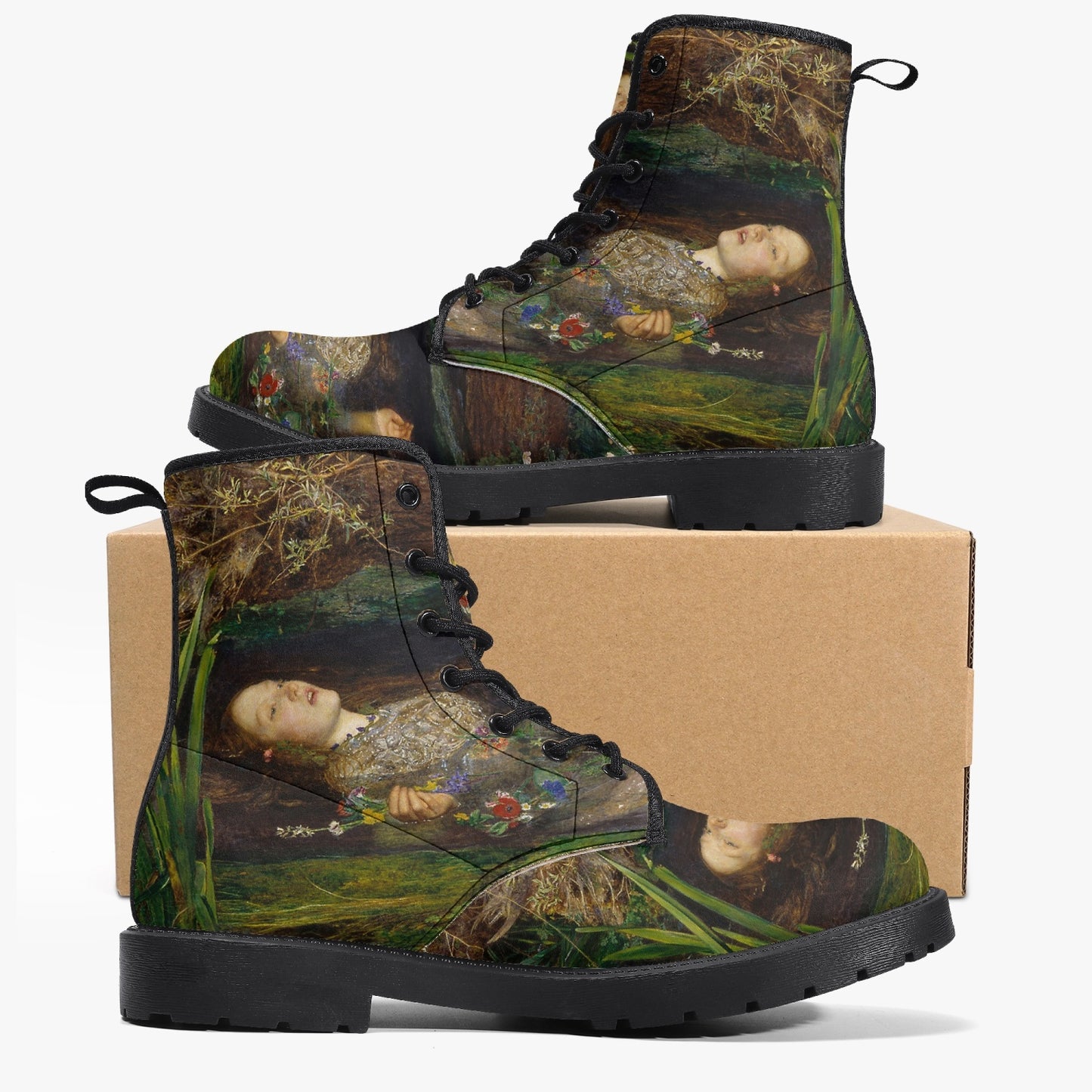 John Everett Millais - Ophelia -  Vegan Leather Combat Boots - Pre Rapaelite Art boots (JPREG90)